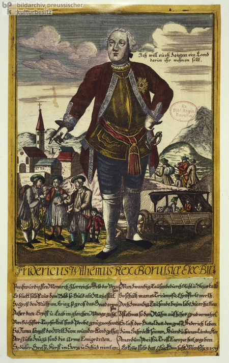 Allegorische Darstellung König Friedrich Wilhelms I. als Schirmherr der Salzburger Protestanten im Jahre 1732 (1734)